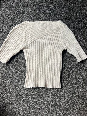 Ribbed Short-Sleeve Sweater Top in Cream